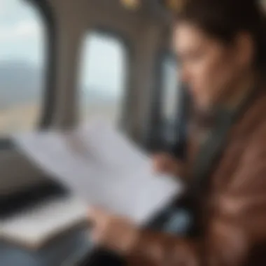 A passenger reviewing travel documents and compensation forms