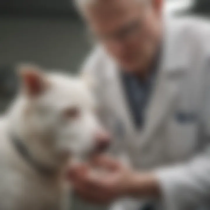 A veterinarian examining an albino dog for health concerns